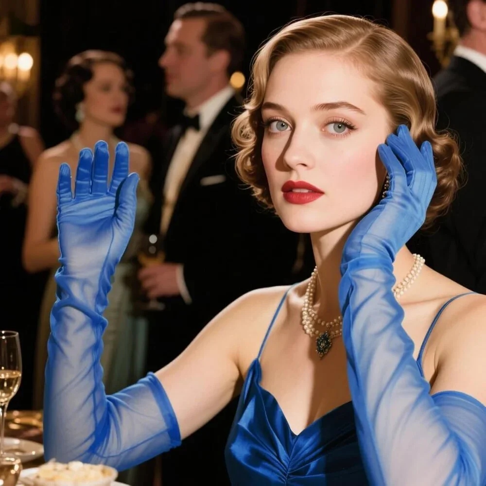 Women's Tulle Dark Blue Long Satin Gloves Evening Elbow Length Party Costumes